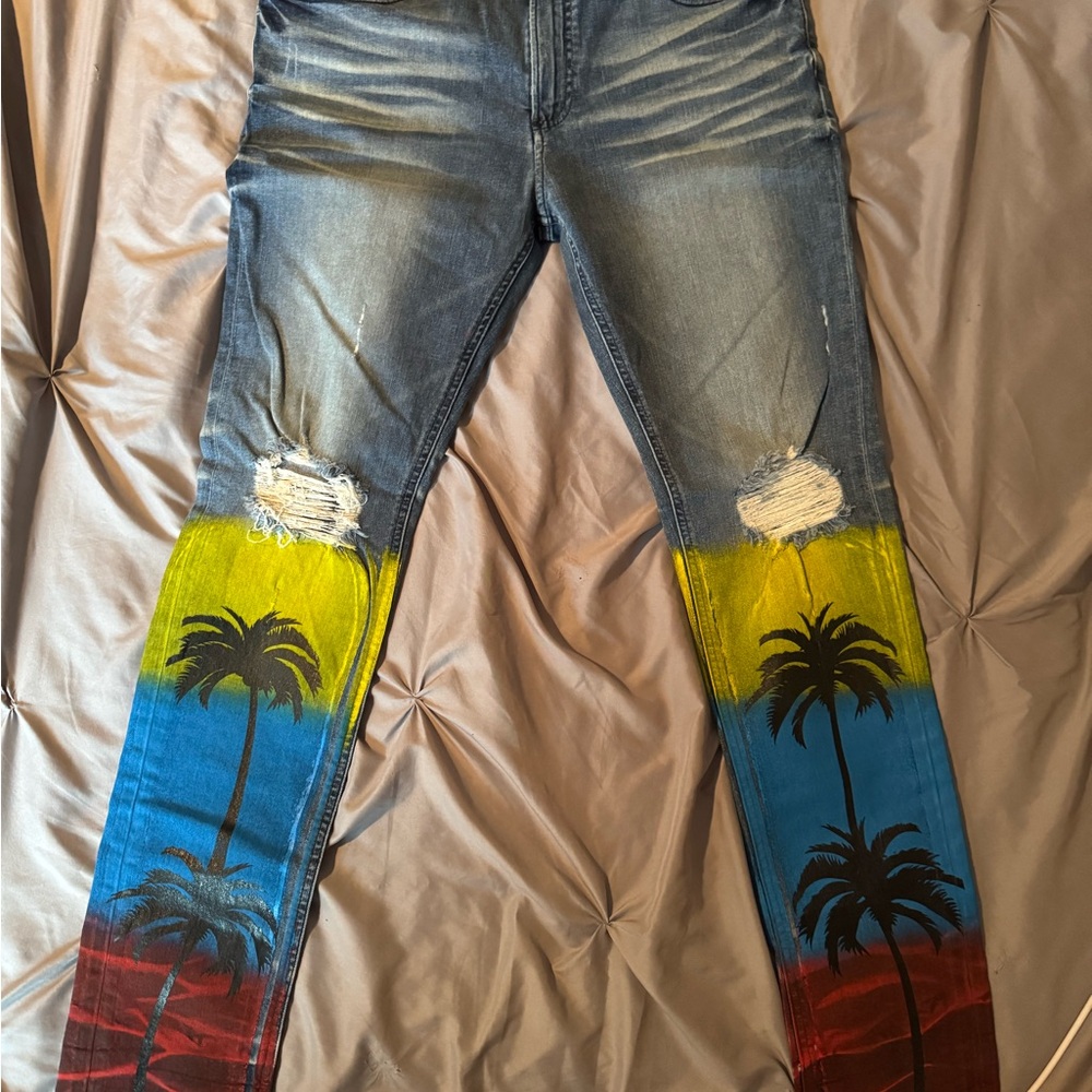 Rockstar Jeans Mens 38x32 Blue Spray Painted Button Fly Skinny Stretch Palm Tree